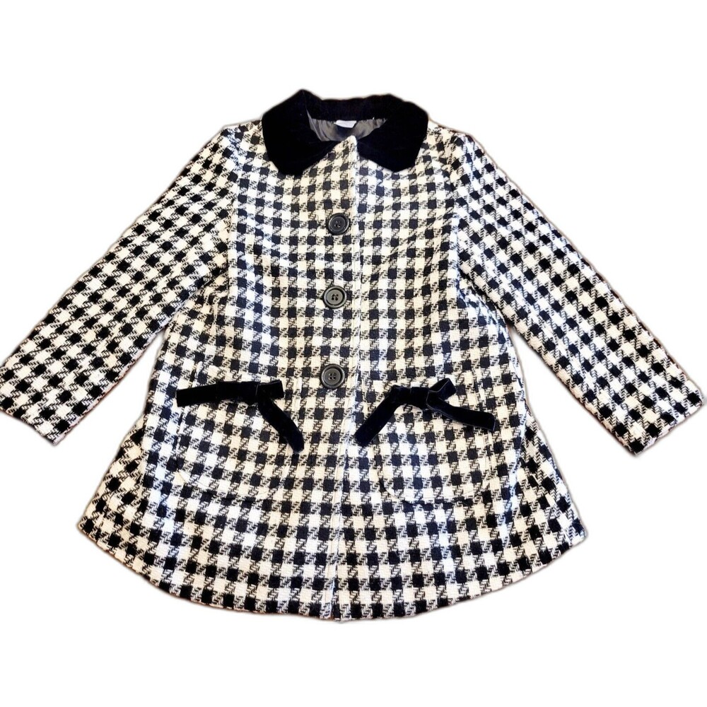 Vintage Girl's Checkered White Black Coat Velvet Trim Size 7/8